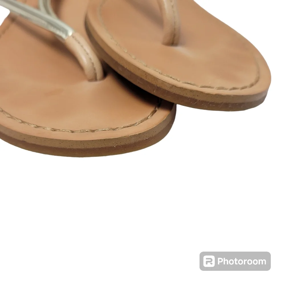 Coach Beige and Metallic Gold Leather T-Strap Sandals - Picture 10 of 16